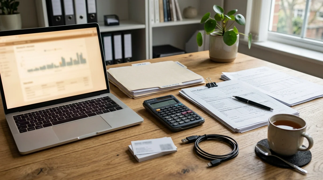 Neutral office desk with loan documents, calculator, and laptop for bankruptcy review