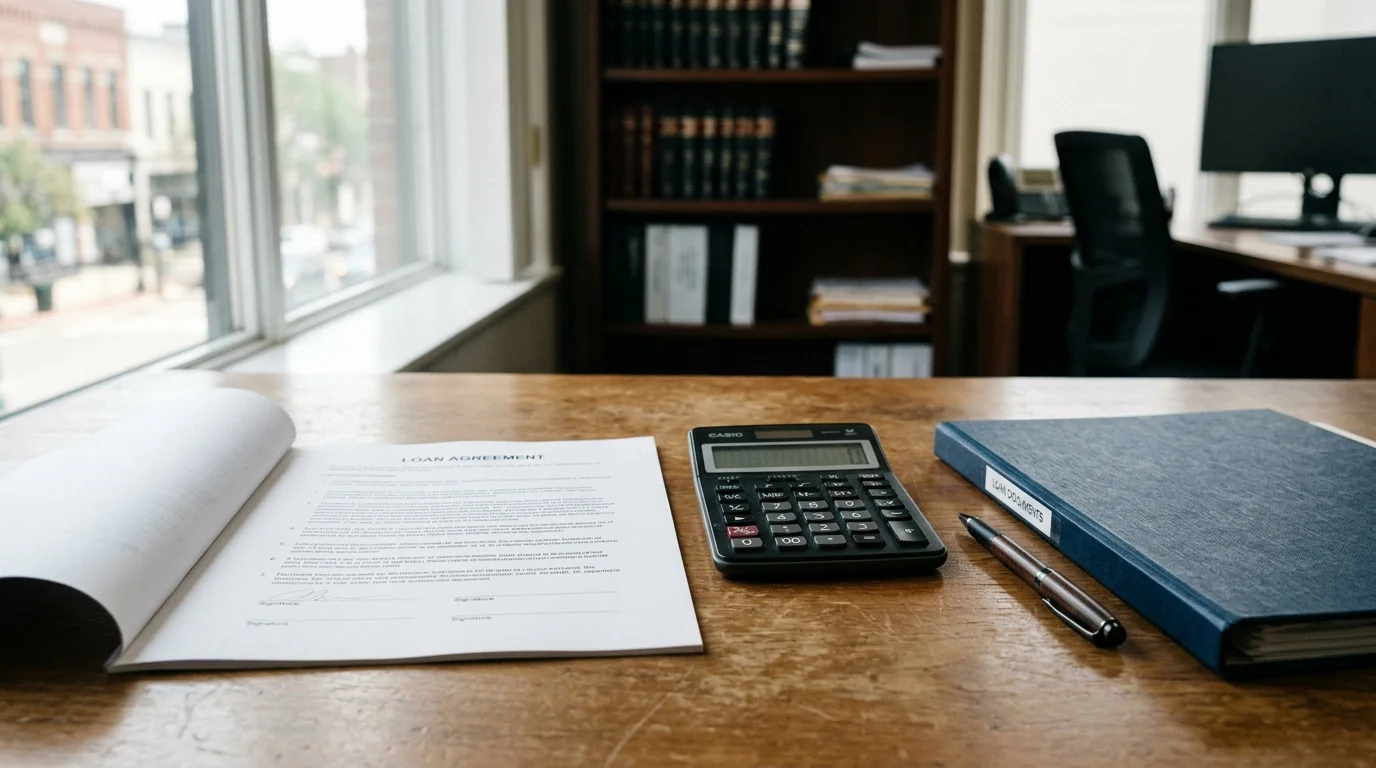 Loan documents and calculator on a desk in a legal office